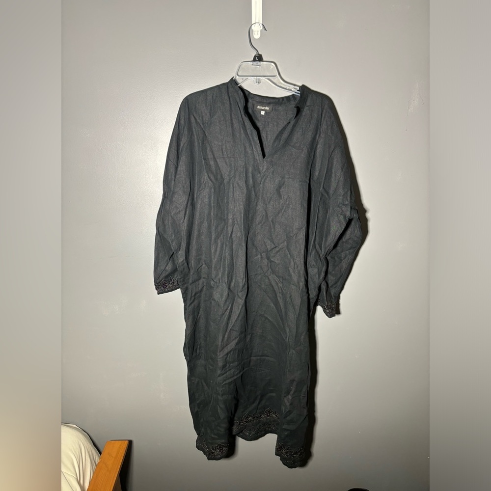 Eskandar 100% Linen Sequin Trim Kaftan Tunic Dress Size 0